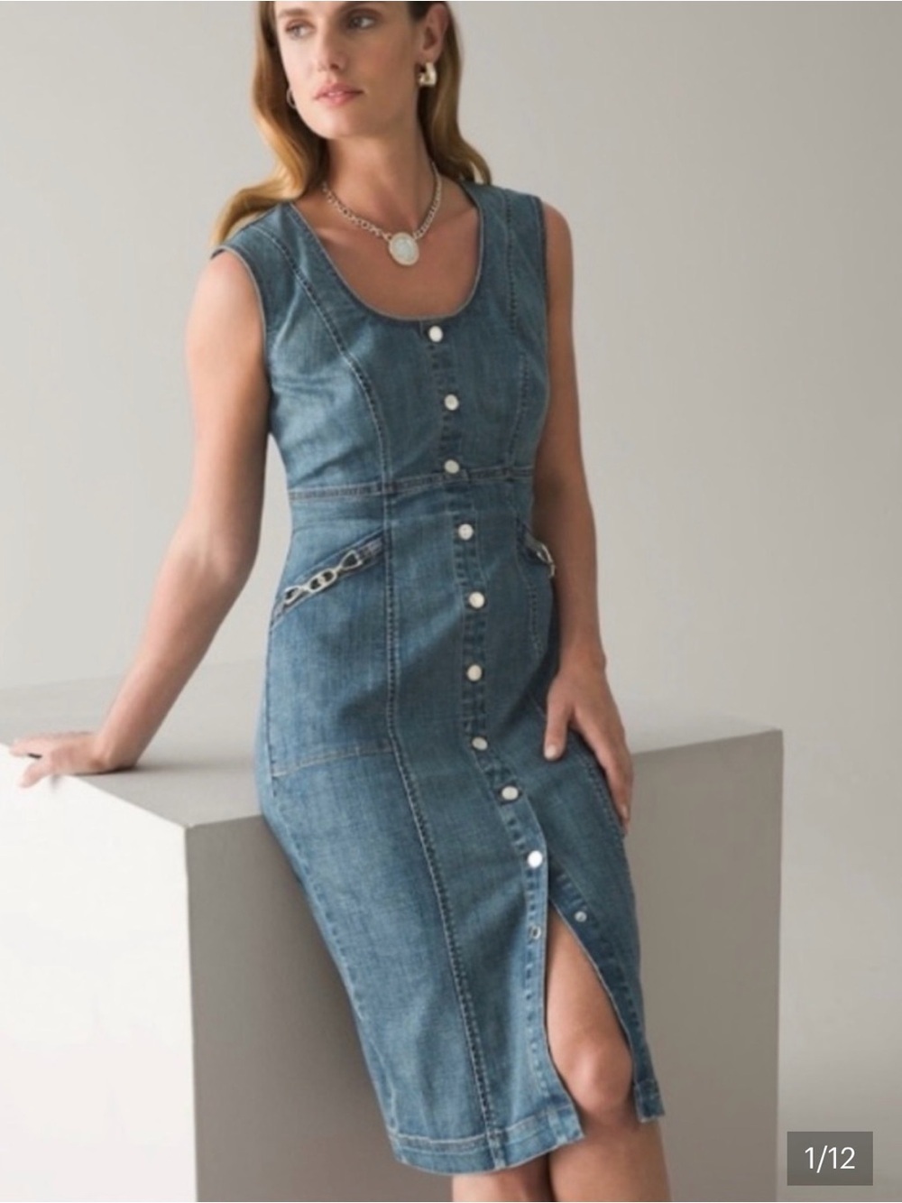 White House Black Market Sleeveless Denim Midi Dress in Blue